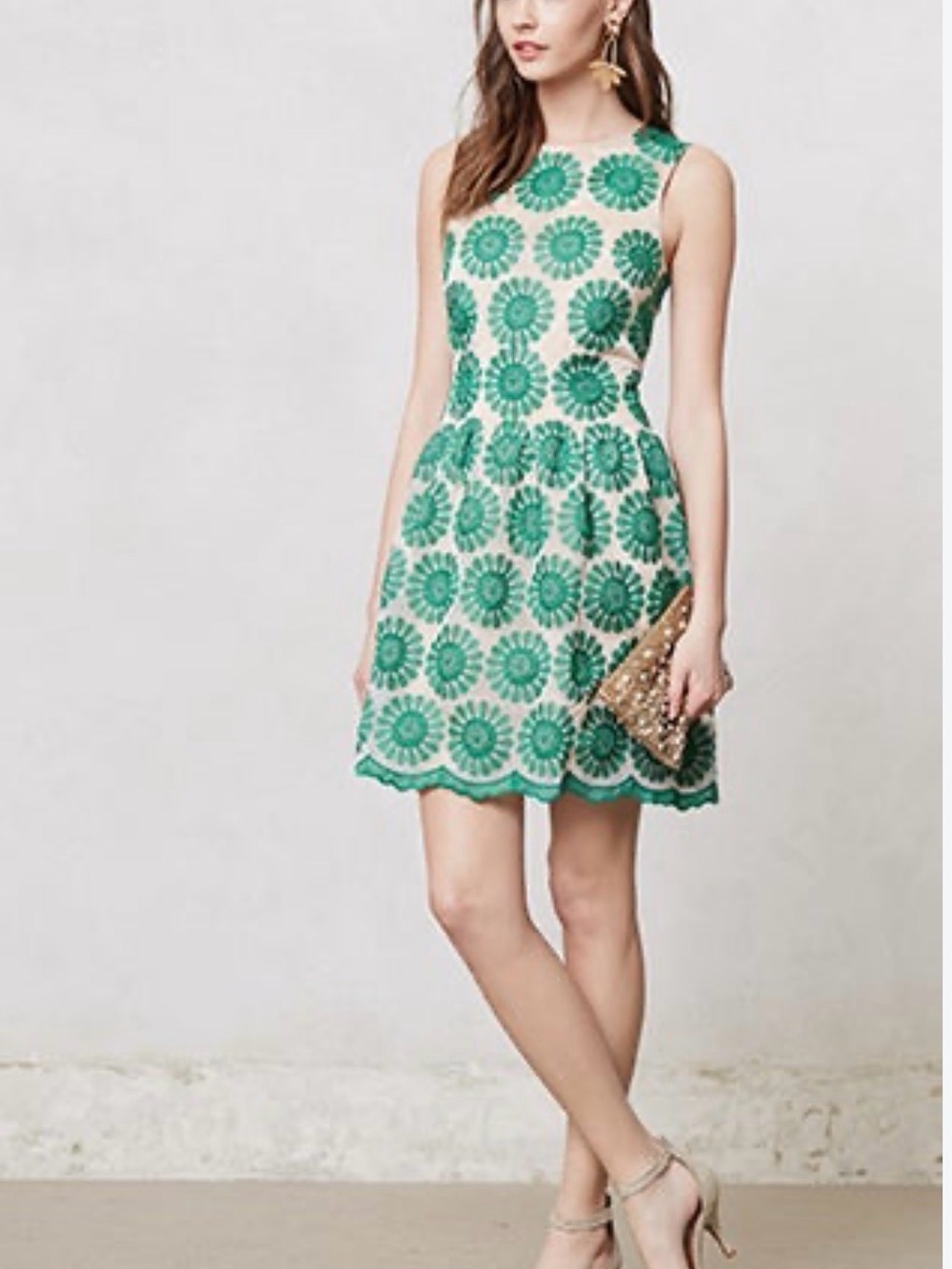 Leifsdottir Lacebloom Cream Dress with Green Floral Embroidery